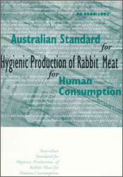 Cover image of Australian Standard for Production of Rabbit Meat for Human Consumption, featuring title on teal textured background with white banner Cover image of Australian Standard for Production of Rabbit Meat for Human Consumption, featuring title on teal textured background with white banner