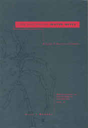 The cover image of The Australian Water Mites, featuring a plain grey cover, with a darker grey image of an Australian water mite, with pink text.