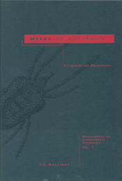 The cover image of Mites of Australia, featuring a plain grey cover, with a darker grey image of an Australian mite, with pink text.