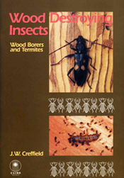 The cover image featuring two images of insects on wood, and two rows of neatly lined insect outlines against a plain brown background.