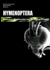 The cover image of featuring a grey microscopic view of a head of a hymenoptera, against a plain black background.