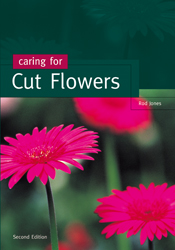 The cover image of Caring for Cut Flowers, featuring three bright pink flowers, with slim green stems against an out of focus blurred green background