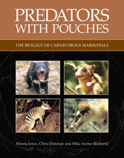 The cover image of Predators with Pouches, featuring four square animal pictures, such as a Tasmanian Devil, set against a plain background, with a br