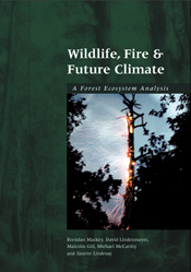 The cover image of Wildlife, Fire and Future Climate, featuring a tall tree silhouette with red flames coming off it, set into a plain dark green cove