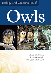 Cover image featuring three images of owls on tree branches, across the middle third, with a blue top third and a pale cream bottom third.