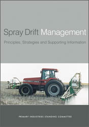 The cover image of Spray Drift Management, featuring a red tractor pulling a device which is spraying multiple lines of a field, white sky background.