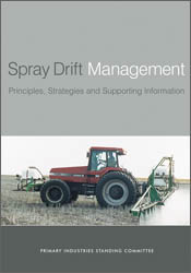 The cover image of Spray Drift Management, featuring a red tractor pulling a device which is spraying multiple lines of a field, white sky background. The cover image of Spray Drift Management, featuring a red tractor pulling a device which is spraying multiple lines of a field, white sky background.