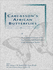 The cover image of Carcasson's African Butterflies, featuring a dark grey butterfly outline on a lighter grey cover, with green writing.