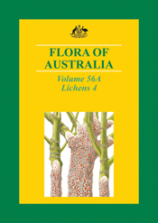 The cover image of Flora of Australia Volume 56A, featuring tree trunks with pink lichen on them, set into a plain yellow and green cover.