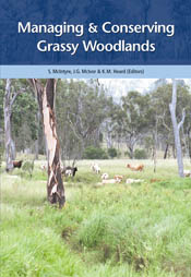 The cover image of Managing and Conserving Grassy Woodlands, featuring long green grass with trees and livestock in the background.