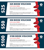 Image of three sample gift vouchers, in values of $25, $50 and $100.