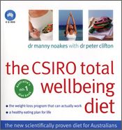Cover image of The CSIRO Total Wellbeing Diet, featuring large red text on a white background and three small photographs of healthy food and woman do