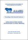 The cover image of Application of New Genetic Technologies to Animal Breeding, is plain white with blue text, and a small blue image of a cow.