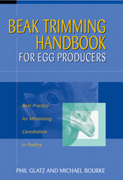 The cover image of Beak Trimming Handbook for Egg Producers, featuring a chicken head with the beak highlighted, all washed out in shades of blue.