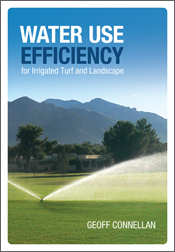 The cover image of Water Use Efficiency for Irrigated Turf and Landscape, featuring cropped green grass being watered by a sprinkling system, with tre