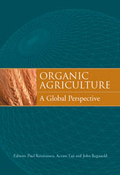 The cover image of Organic Agriculture, featuring a globe in shades of green covered in a triangular pattern, with a gold strip across the middle of t