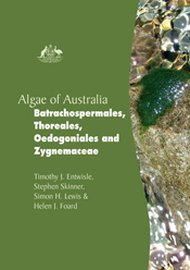 The cover image of Algae of Australia: Batrachospermales, Thoreales, Oedogoniales and Zygnemaceae, featuring algae down the right hand side and a plai