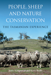The cover image of People, Sheep and Nature Conservation, featuring a flock of sheep standing in a green padock, with clear blue sky backdrop.