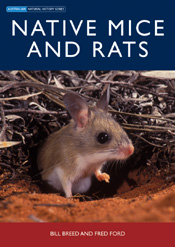 The cover image of Native Mice and Rats, featuring a mouse looking out of a burrow, with red earth in the foreground and bracken in the background.