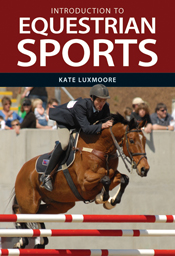 The cover image of Introduction to Equestrian Sports, featuring a man in professional riding gear jumping a brown horse over three red and white strip