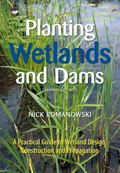 The cover image of Planting Wetlands and Dams, featuring a close downward view of green grasses and pond lilies in water.