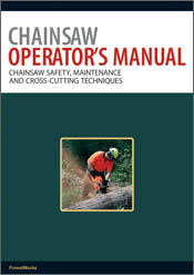 The cover image of Chainsaw Operator's Manual, featuring a man in a high visability shirt using a chainsaw to cut through a log.