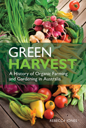The cover image of Green Harvest, featuring various brightly coloured vege