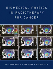 The cover image of Biomedical Physics in Radiotherapy for Cancer, featuring nine side view panels of a coloured x-ray side view of a human skull.