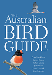 Cover featuring a brolga flying in a blue sky over the white title with a red-capped robin in the foreground perched on a branch