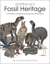 The cover image of Australia's Fossil Heritage, featuring various extinct Australian animals including reptiles, birds and mammals against a plain whi