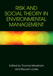 The cover image of Risk and Social Theory in Environmental Management, featuring a bright yellow, red and green strip set into a plain dark green back