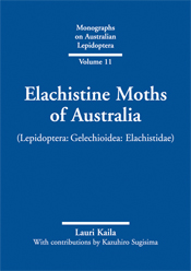 The cover image of Elachistine Moths of Australia, featuring plain white writing against a plain blue background.