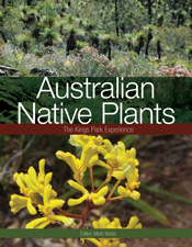 The cover image of Australian Native Plants, featuring a view of native australian scrub land and a close up of a bright yellow australian flower.