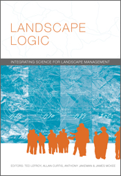 The cover image of Landscape Logic, featuring orange silouettes of people against a dapled blue background.