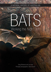 The cover image of Natural History of Australian Bats, features a bat with its wings spread flying through a dark brown cave.