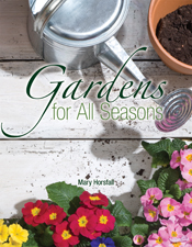 The cover image of Gardens for All Seasons, featuring a watering can and flowers against a white-painted background.