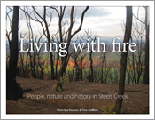 The cover image of Living with Fire, features multiple tree trunks which have had all of their foliage burnt off, in the back drop a green field is vi