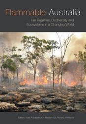 The cover image of Flammable Australia, features a photograph of bushland on fire, there are rocks in the foreground and burning trees, orange flames