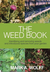 Cover image of The Weed Book, features four square photographs of weeds in the corners and a green strip with the title across the middle.