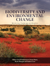 Cover image of Biodiversity and Environmental Change, featuring a desert vista, with bright red dirt in the foreground, sparse green and gold shrubery