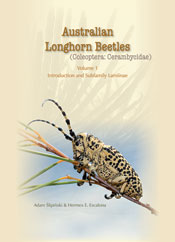 The cover image of Australian Longhorn Beetles, featuring a black and whit