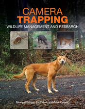 The cover has four photographs of animals captured by camera trapping: a background image of a dingo, and inset images of a quoll, feral pig and lynx.