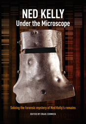 Cover image of Ned Kelly, featuring Ned Kelly's helmet on a brown textured