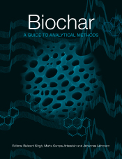 Cover featuring an abstract arrangement of a microscope image of biochar and some chemical structures