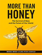 A photograph of a bee on a yellow background with black text