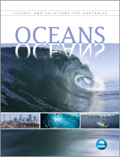 Cover of Oceans, featuring a main image of a wave above thumbnail images of a bay with cityscape in the background, a school of fish, and a research v