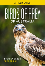 Cover of Birds of Prey of Australia Third Edition, featuring a little eagle staring directly ahead, on a green background