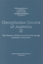 The cover image of Oecophorine Genera of Australia II, featuring a plain blue cover with silver text.