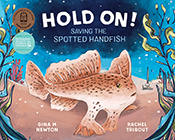 Cover of 'Hold on!' featuring an illustration of a spotted handfish on the