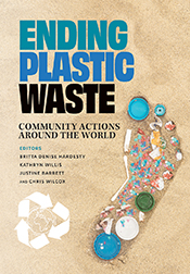 Cover of 'Ending Plastic Waste' featuring a footprint in sand filled with small pieces of plastic rubbish.